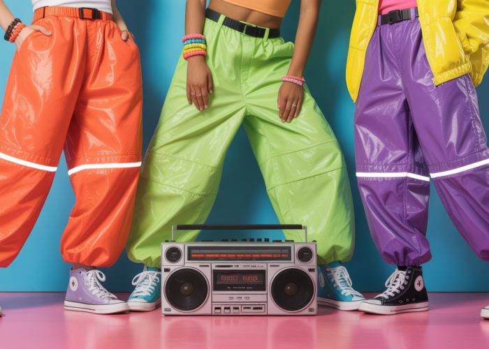 Group of friends wearing brightly colored 1990s parachute pants dancing in front of a boombox.