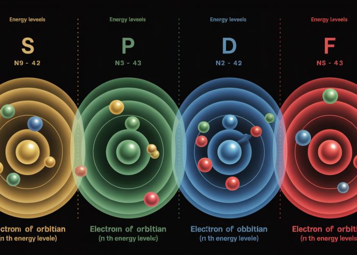 Illustration of an atom showing electrons orbiting the nucleus in the 4th energy level (n=4), including s, p, d, and f orbitals.