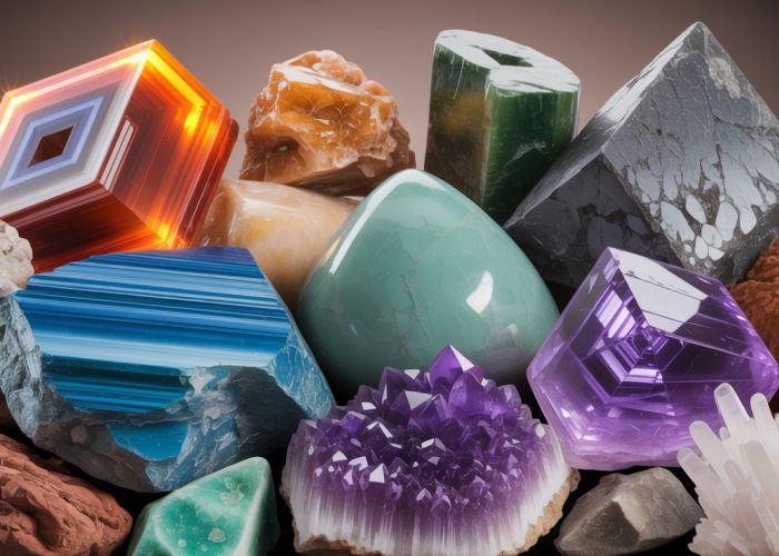 Five mineral samples showcasing color, luster, hardness, cleavage, and crystal form.