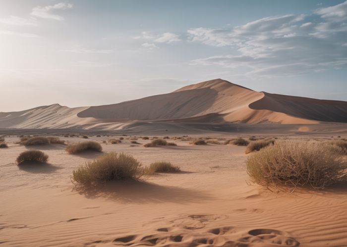 Sun-baked desert landscape featuring sand dunes and rock formations, showcasing abiotic elements.
