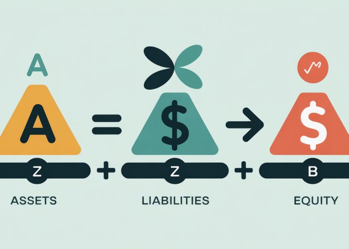 Accounting equation breakdown: Assets equals Liabilities plus Equity