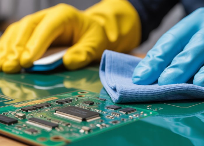 Close-up of hands wearing gloves cleaning a circuit board with acetone and a lint-free cloth.