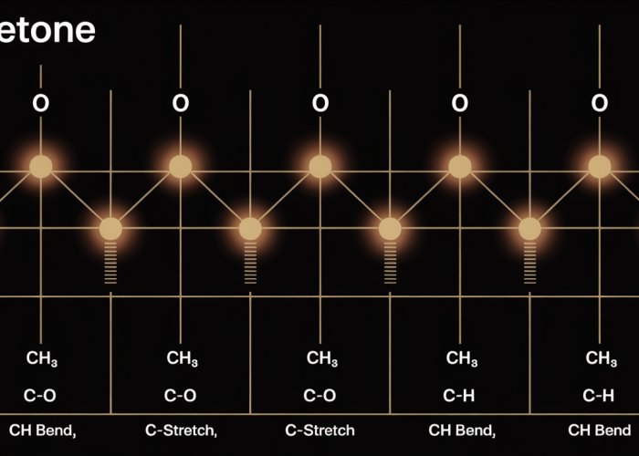 Infrared spectrum of acetone showing characteristic peaks for carbonyl stretch, C-H bending, and other vibrational modes.