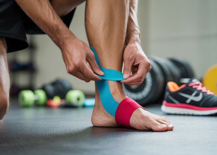 Man strapping Achilles tendon with athletic tape for support and injury prevention.