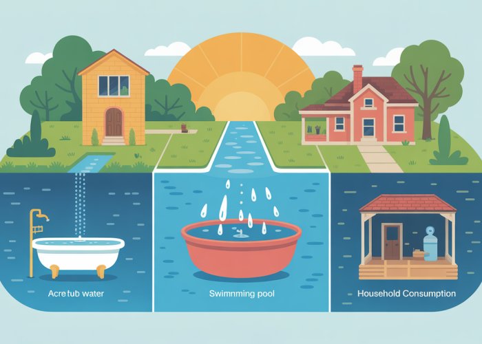 Infographic comparing the volume of an acre-foot of water to everyday water usages like bathtubs, swimming pools, and household consumption in gallons.