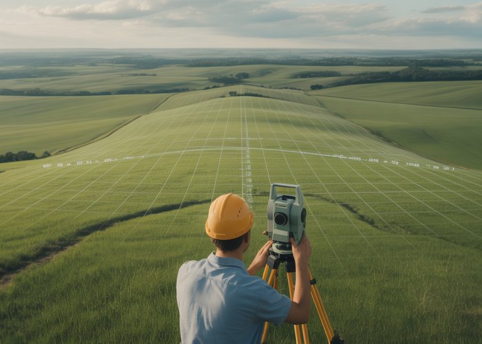 Surveyor using GPS to measure acres in a rural landscape section.