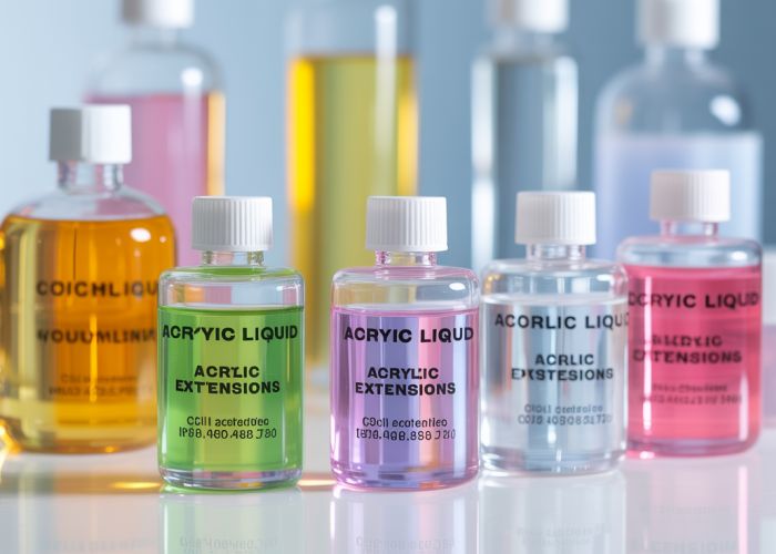 Various bottles of acrylic liquid ingredients used for nail enhancements.