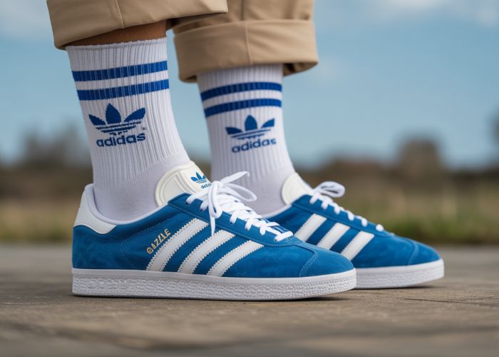 Adidas Gazelle sneakers paired with striped Adidas socks.