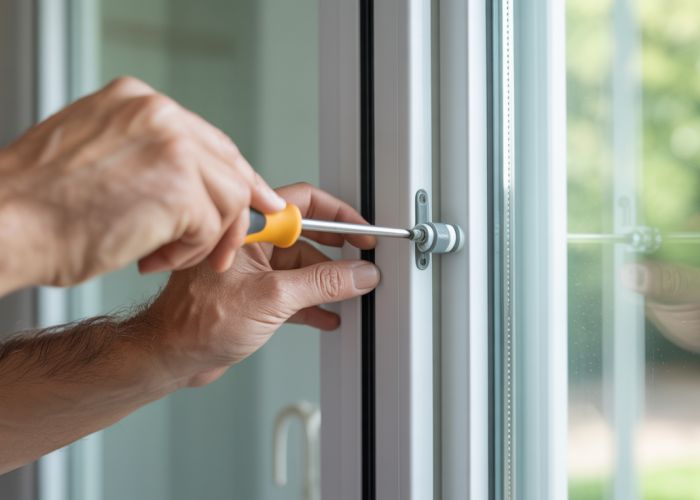 Close-up of homeowner adjusting rollers on a sliding glass door with a screwdriver.