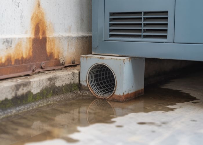 Clogged AHU condensate drain causing potential water damage.