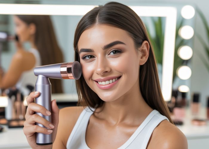 Woman applying makeup with air makeup system