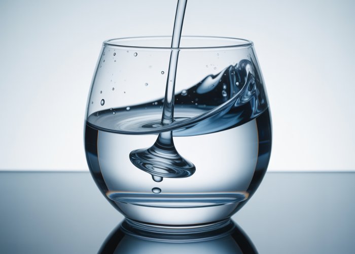 Close-up of vodka and water mixing in a glass, showcasing clear liquid swirling.