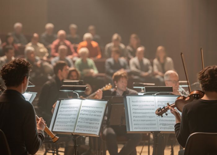 Musicians performing aleatoric music in a concert hall, showing elements of improvisation and unconventional notation.