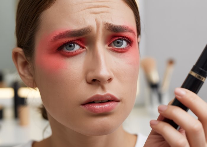 Woman with allergic reaction to mascara showing red and swollen eyelids.