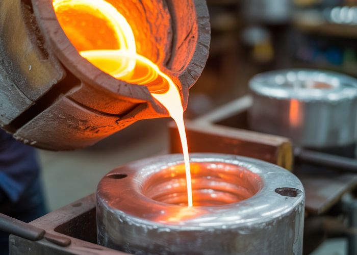 Molten aluminum being poured from a crucible, highlighting the metal's liquid state.