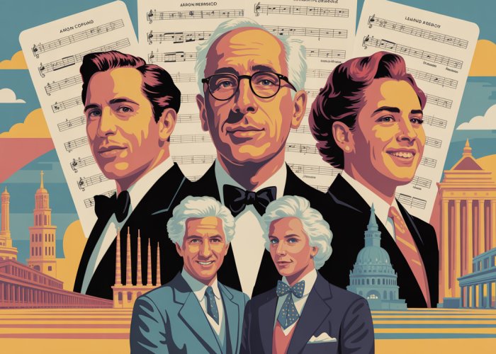 Group portrait of influential American classical composers: Aaron Copland, Leonard Bernstein, and Florence Price.
