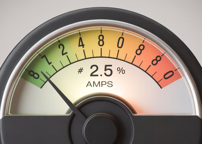 Ammeter showing a reading of 2.5 amps, emphasizing the needle and scale.