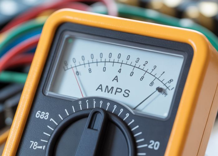 Ammeter displaying current measurement in Amps (A).