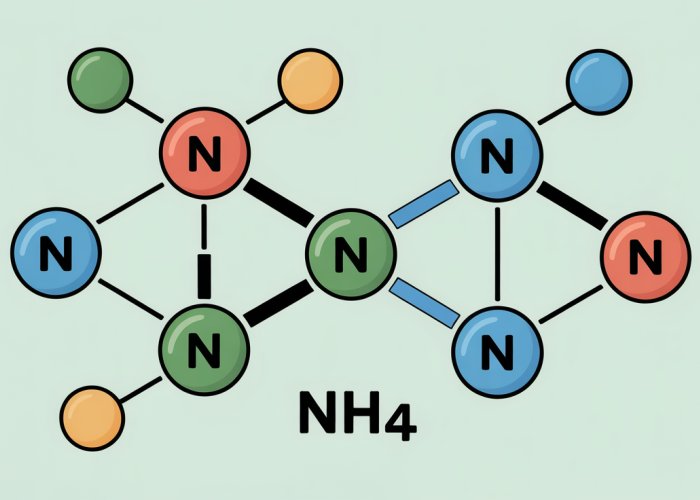 Diagram of the ammonium ion (NH4+) showing nitrogen-hydrogen bonds and positive charge.