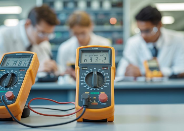 Close-up of an ammeter displaying a reading in Amperes (A), illustrating the measurement of electric current.