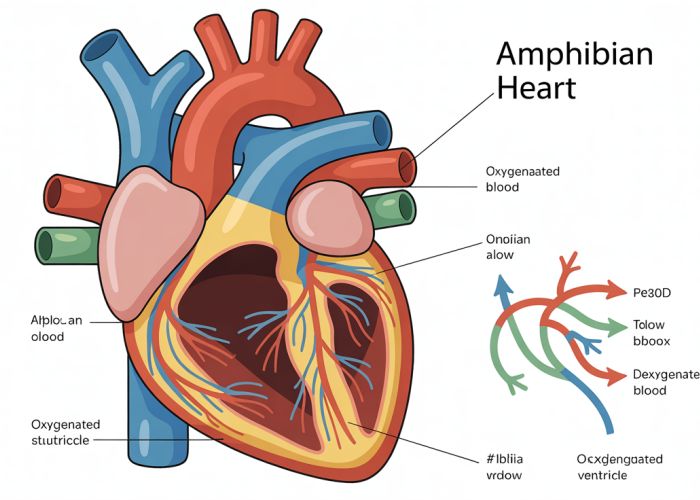 Diagram of an amphibian heart showing two atria and one ventricle, with color-coded blood flow pathways.
