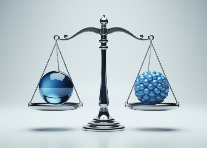 Comparison of 1 atomic mass unit (amu) to its equivalent in kilograms (kg) on a balanced scale.