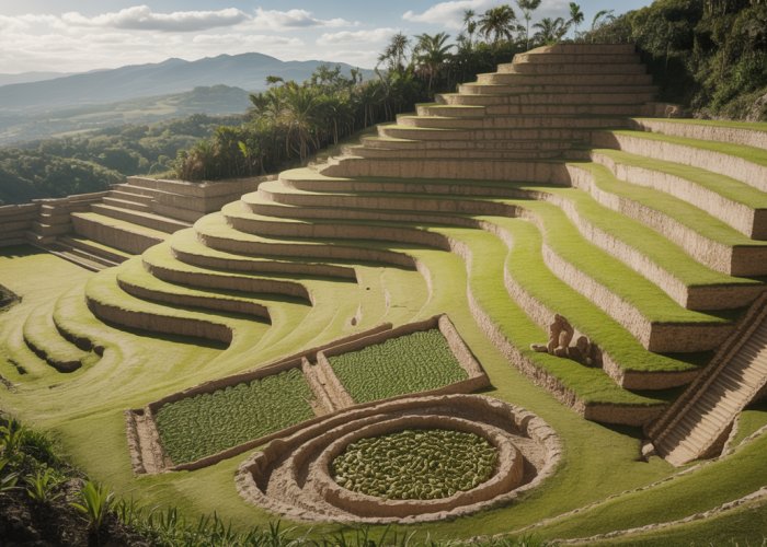 Terraced farming landscape showing the impressive agricultural techniques used by the Ancient Maya.