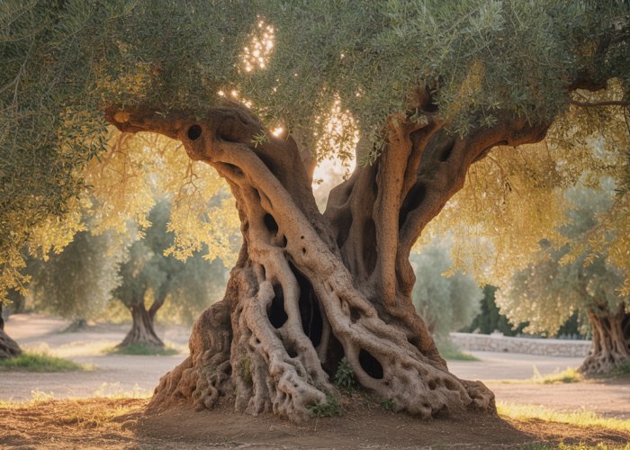 Centuries-old olive tree with gnarled trunk in sunlit olive grove, showcasing its remarkable lifespan.