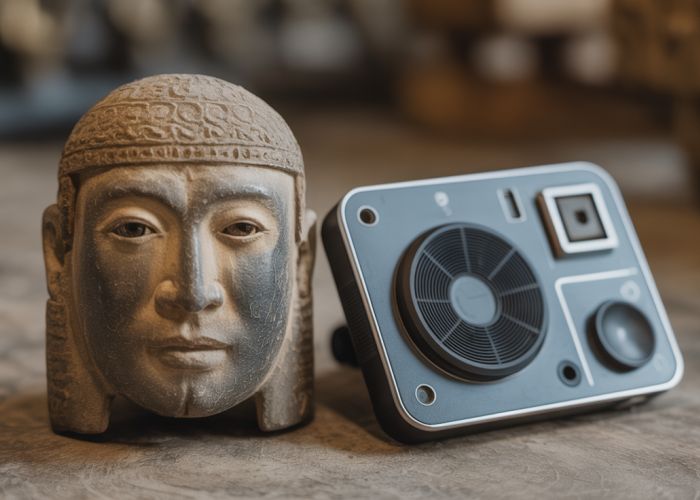 Ancient artifact juxtaposed with modern technology, highlighting the concept of 'older'.
