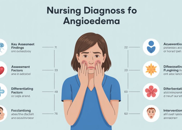Infographic outlining the nursing diagnosis process for angioedema, highlighting assessment findings, differentiating diagnoses, and nursing interventions.