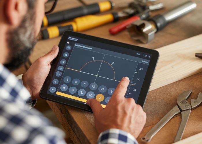 Craftsman using an angle cut calculator app on a tablet to precisely measure angles for woodworking in a workshop.