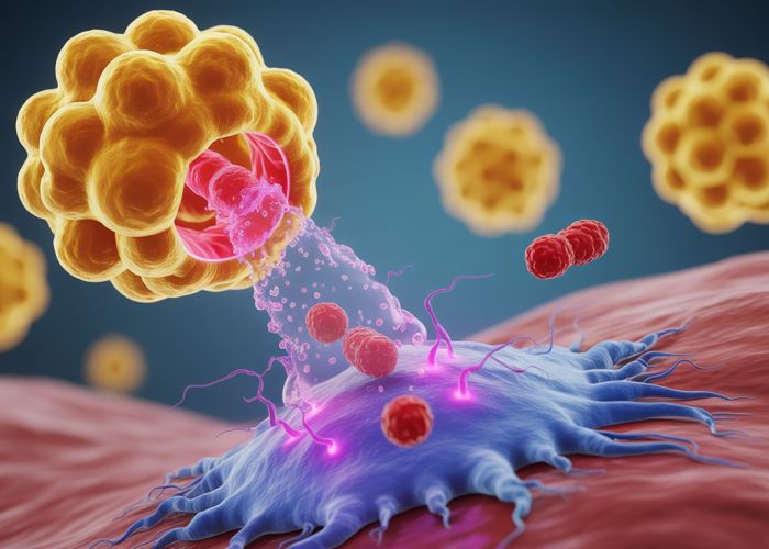 Microscopic view of a B cell secreting antibodies, highlighting the immune response.