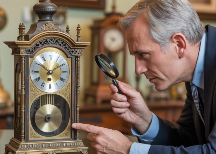 Antique clock appraisal: An expert examines an ornate grandfather clock with a magnifying glass.