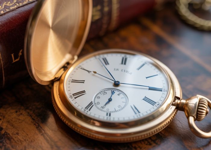 Antique pocket watch with 'LV' Roman numeral marking on the face, representing luxury and heritage.