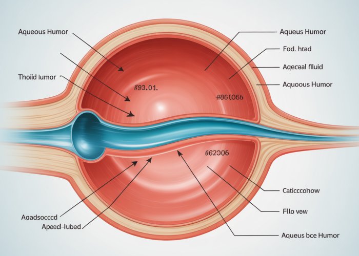 Diagram of the human eye showing the location and flow of aqueous humor.