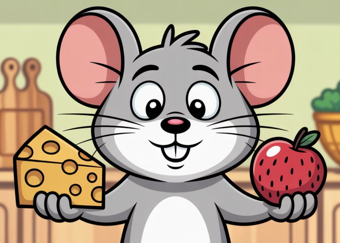 Cartoon mouse deciding between cheese and fruit, illustrating that mice are omnivores.