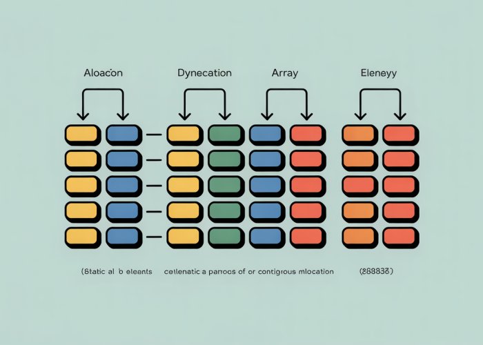 Diagram illustrating memory allocation for arrays in C, showing static and dynamic allocation methods and contiguous memory representation.