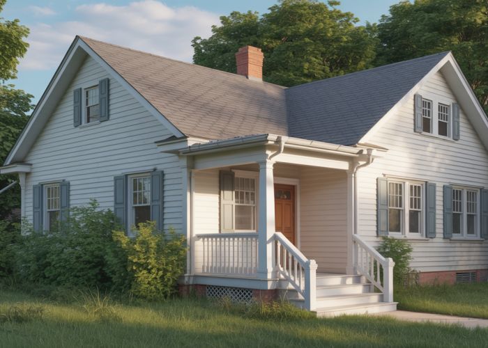 House with gray asbestos siding, common in mid-century construction.