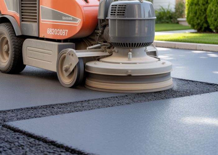 Asphalt grinding machine resurfacing a damaged driveway.