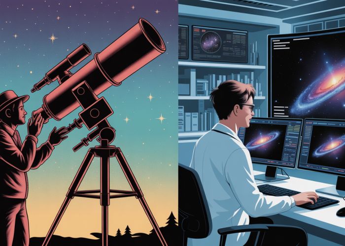 Astronomy vs Astrophysics: Comparing traditional telescope observation with modern data analysis.