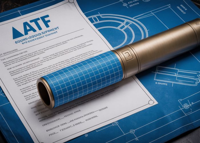 Legal document and suppressor blueprint illustrating the complexities of ATF suppressor regulations.