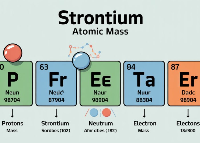 Infographic explaining atomic mass using strontium, showing its location on the periodic table and its isotopic composition.