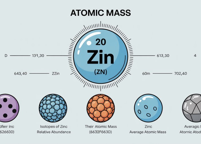 Infographic explaining the concept and calculation of the atomic mass of zinc (Zn) based on its isotopes.