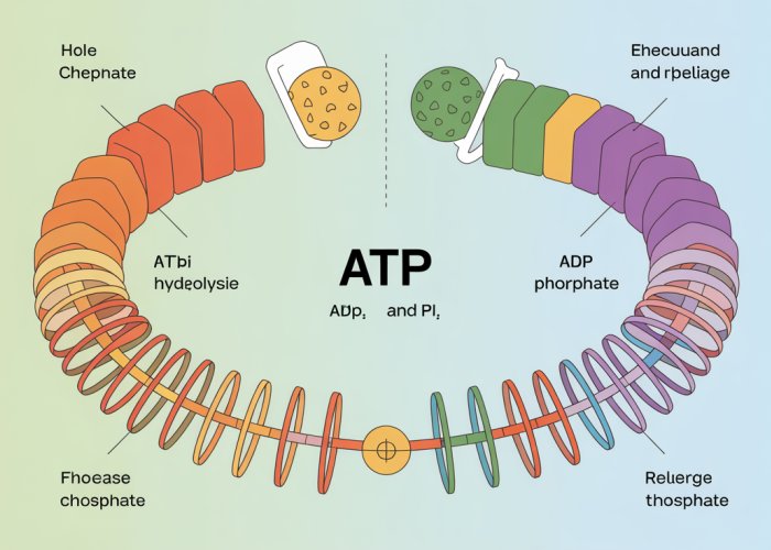 Illustration of ATP and ADP molecules, highlighting the phosphate groups and the energy release during ATP hydrolysis.