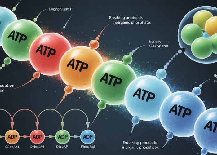 ATP molecule diagram showing phosphate bonds, ADP, and energy release through hydrolysis.