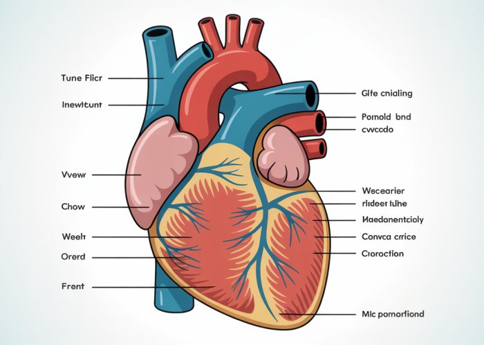 Diagram of the human heart showing the contraction of the atria, highlighting muscle fiber movement and blood flow direction.
