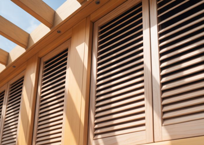 Attic fan louvers providing ventilation for a home.