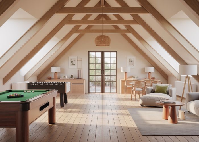 Cozy attic game room with pool table, foosball table, and comfortable seating.