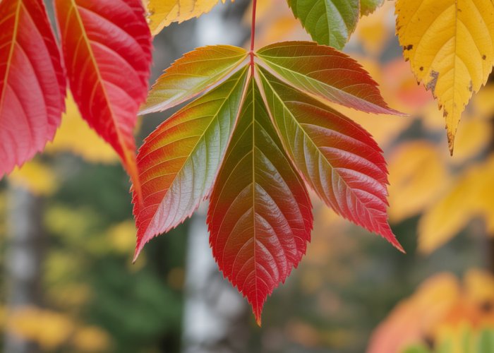 Close-up of colorful autumn leaves showing vibrant pigments like red, orange, and yellow.