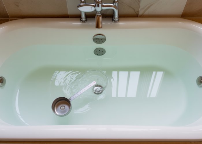 Standard bathtub filled with water, illustrating average bathtub capacity.